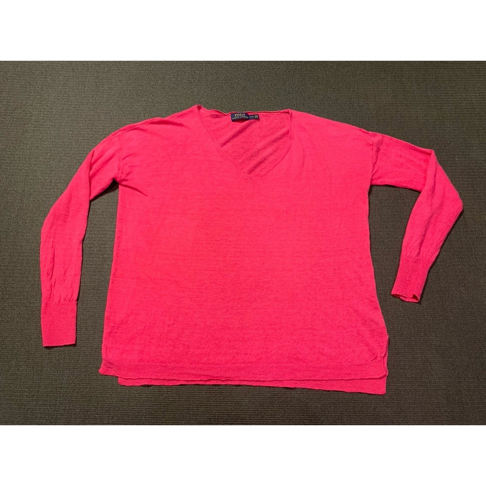 Polo Ralph Lauren Lightweight Pullover Sweater Womens Medium Pink Linen‎ V Neck